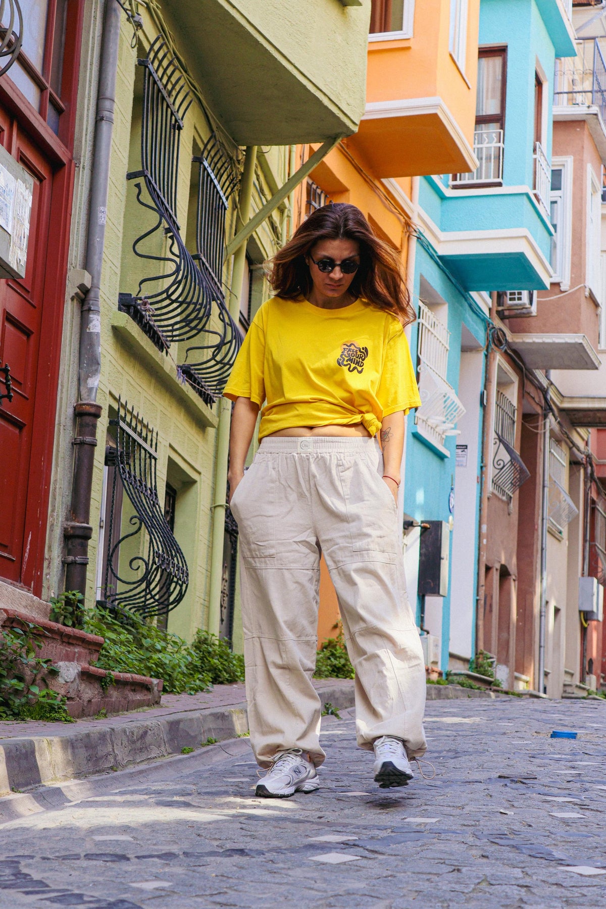 Unisex Krem Bağcıklı Geniş Paça Pantolon