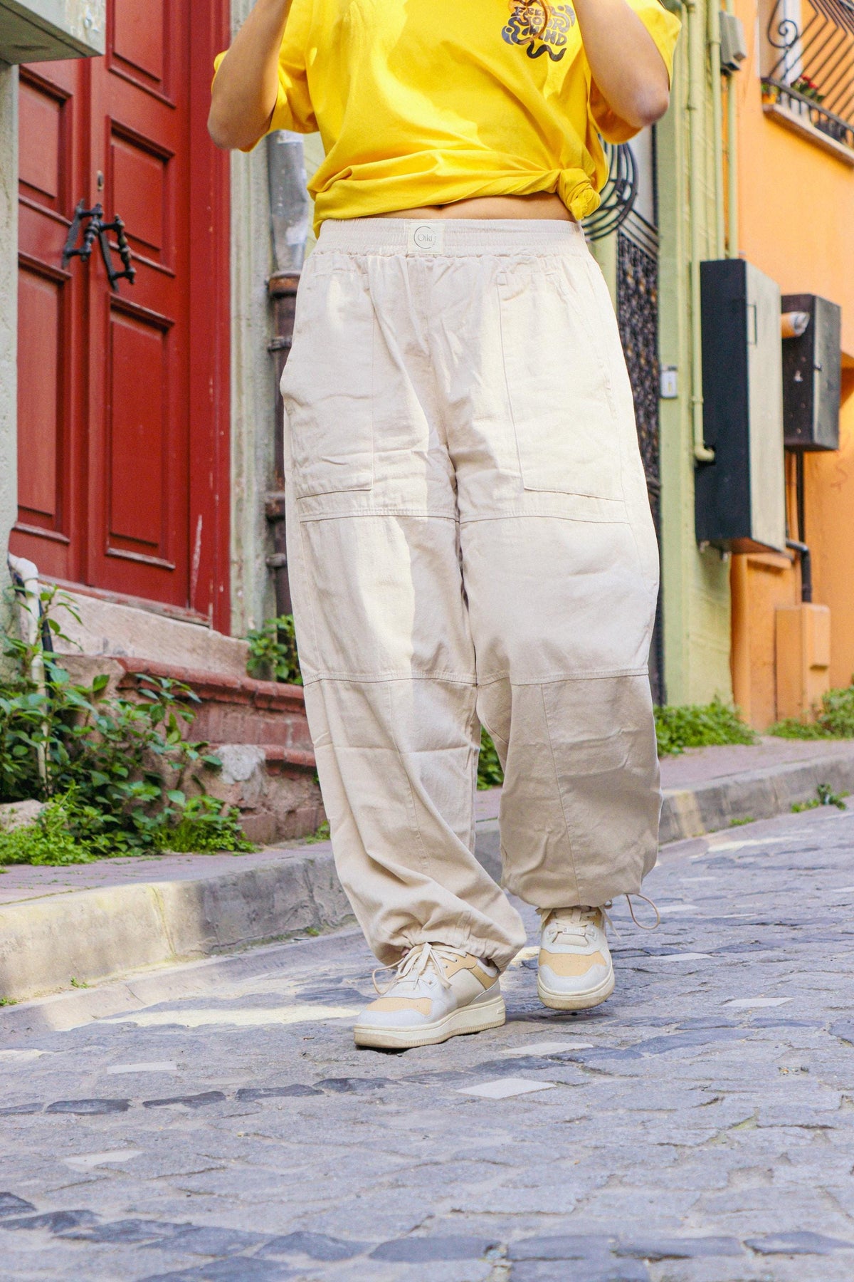 Unisex Krem Bağcıklı Geniş Paça Pantolon