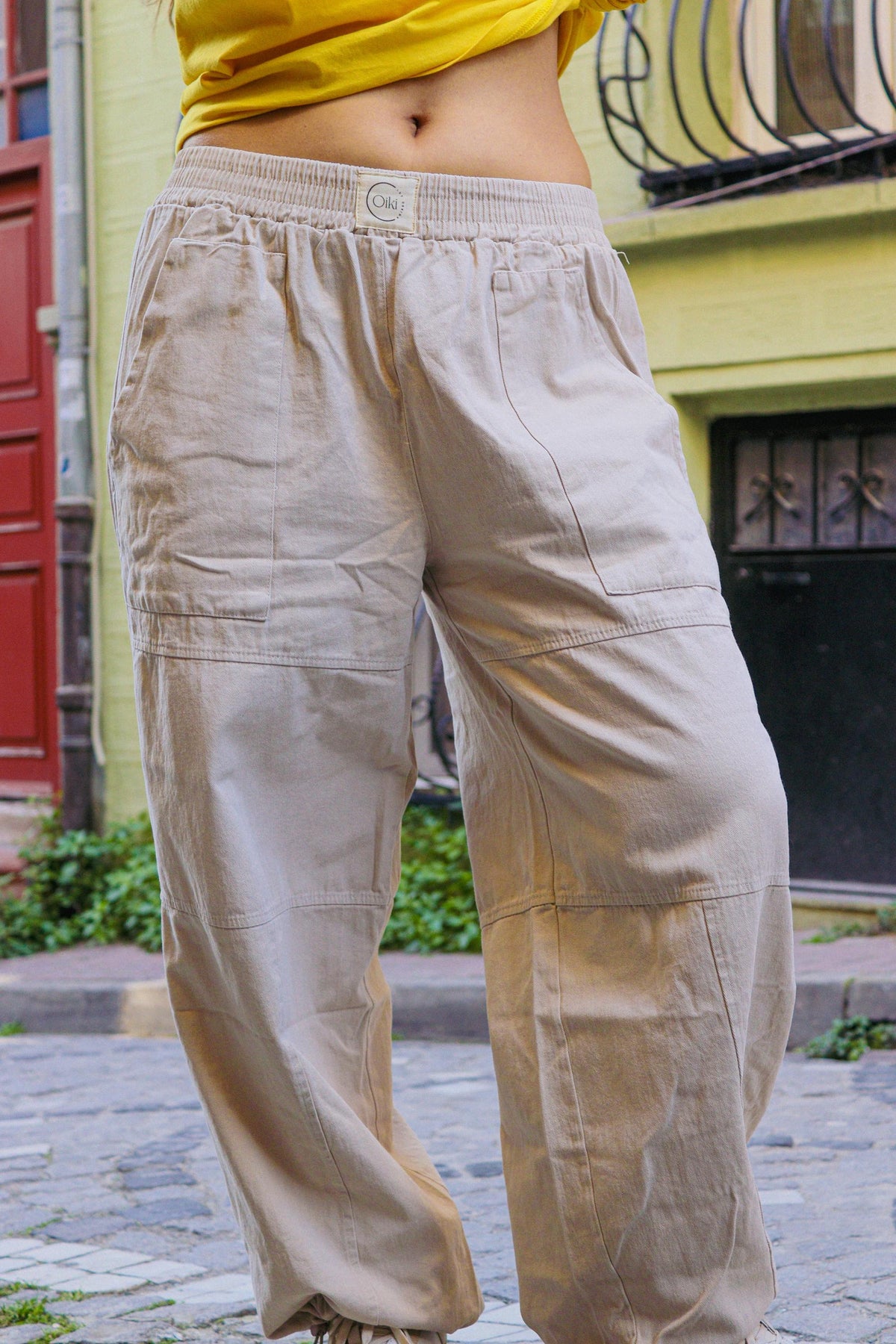 Unisex Krem Bağcıklı Geniş Paça Pantolon