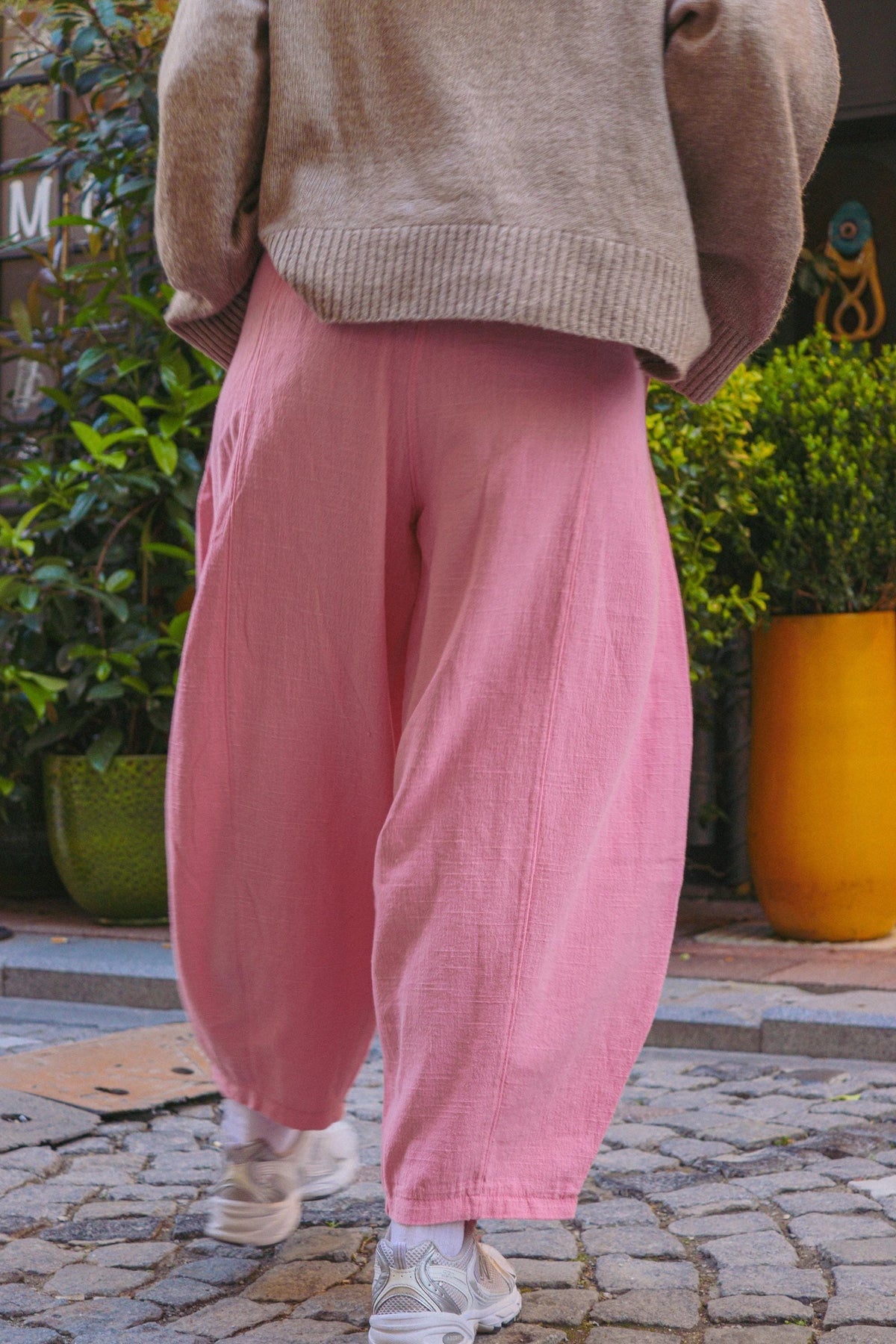 Pembe Keten Pamuklu Balon Pantolon