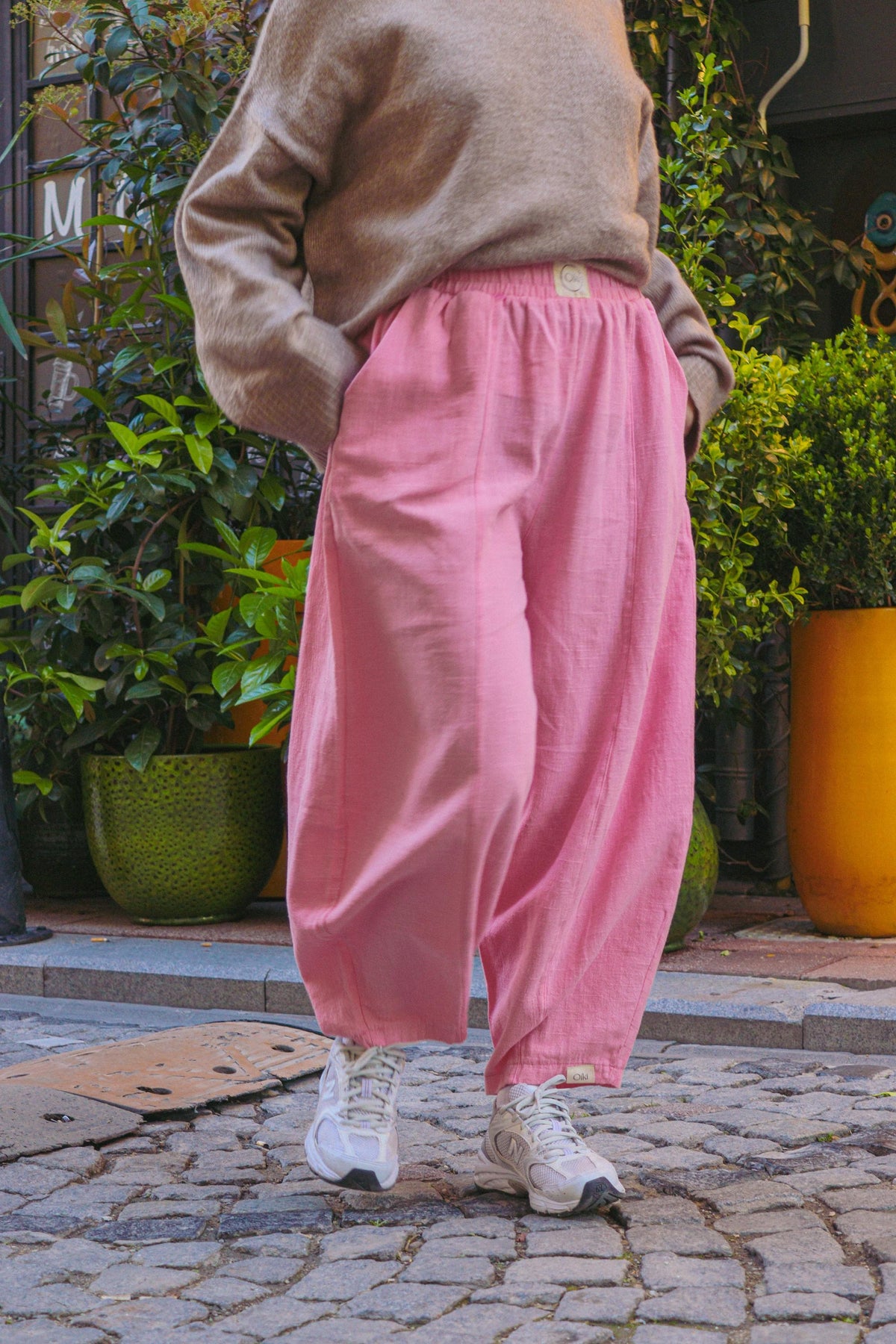 Pembe Keten Pamuklu Balon Pantolon