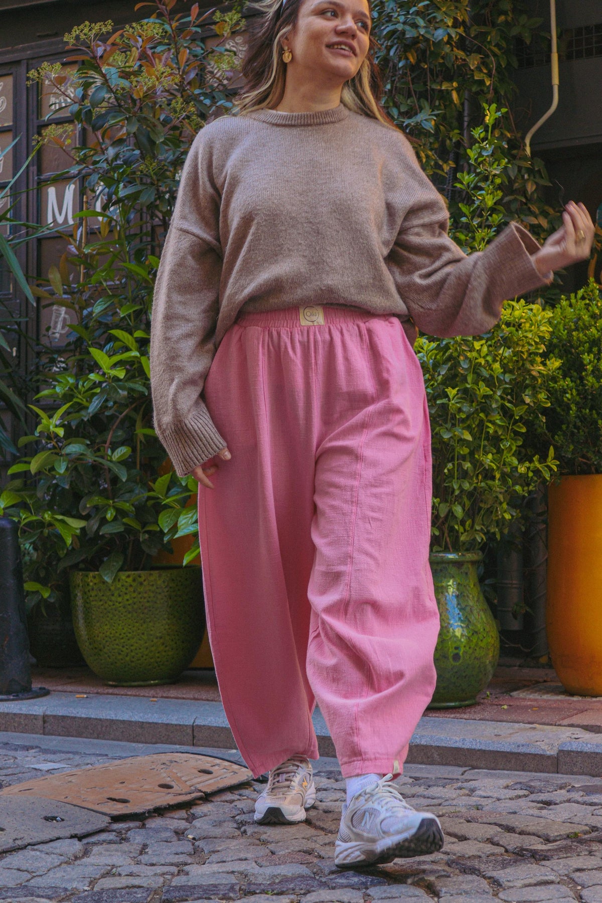 Pembe Keten Pamuklu Balon Pantolon