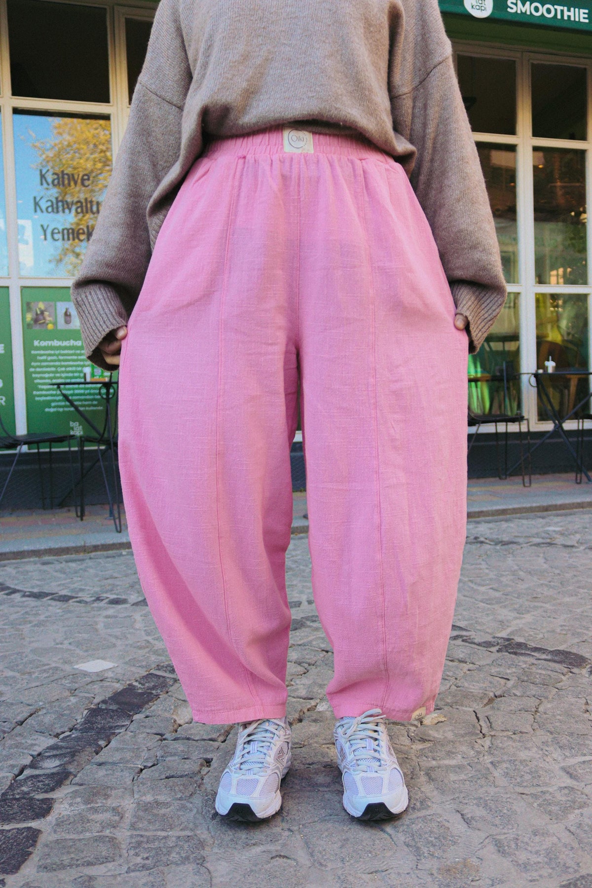 Pembe Keten Pamuklu Balon Pantolon