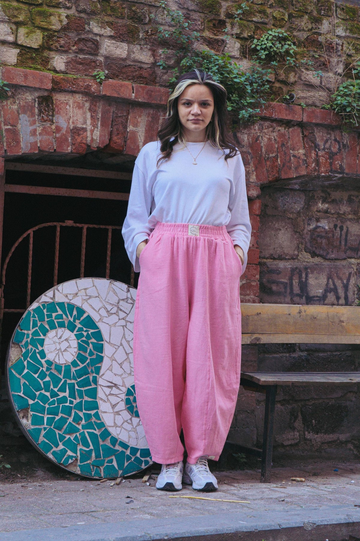 Pembe Keten Pamuklu Balon Pantolon