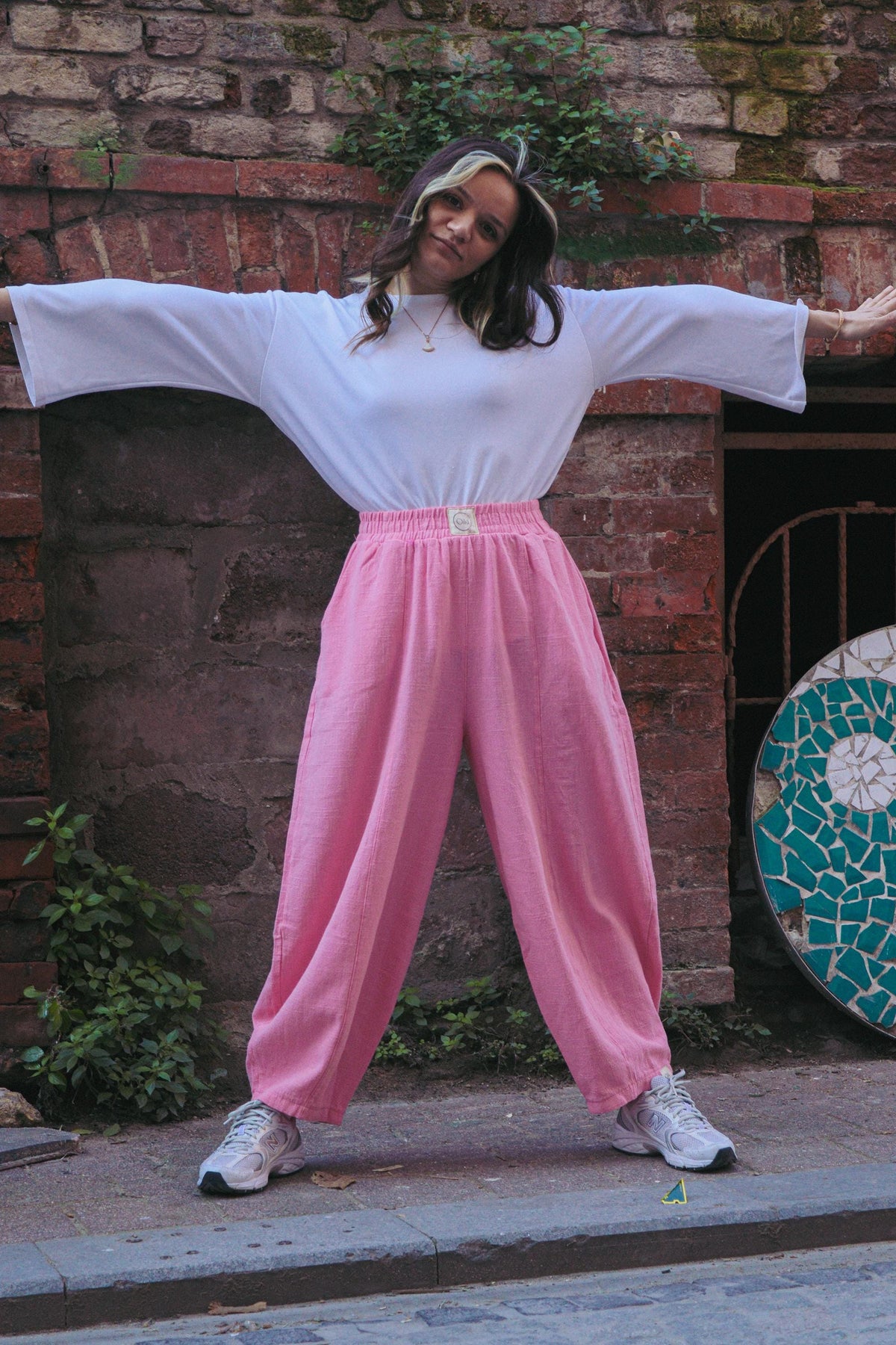 Pembe Keten Pamuklu Balon Pantolon
