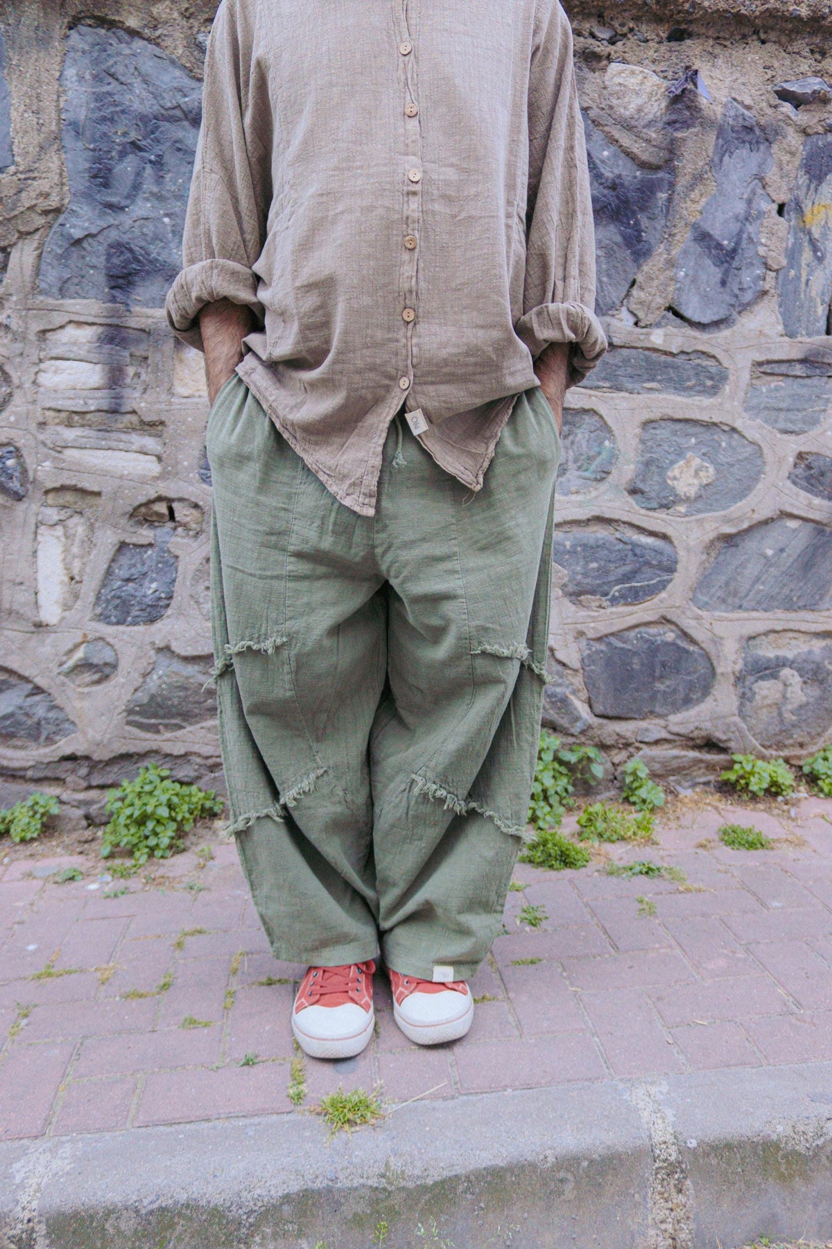 Unisex Keten Pamuklu Saçak Detaylı Bol Pantolon