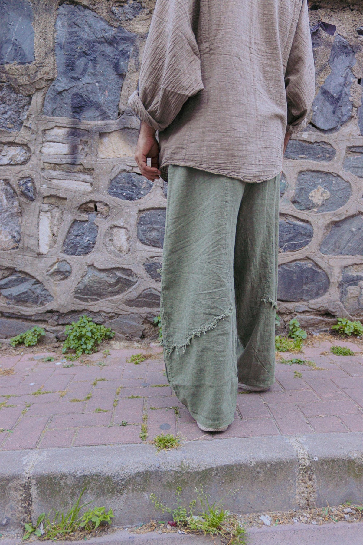 Unisex Keten Pamuklu Saçak Detaylı Bol Pantolon