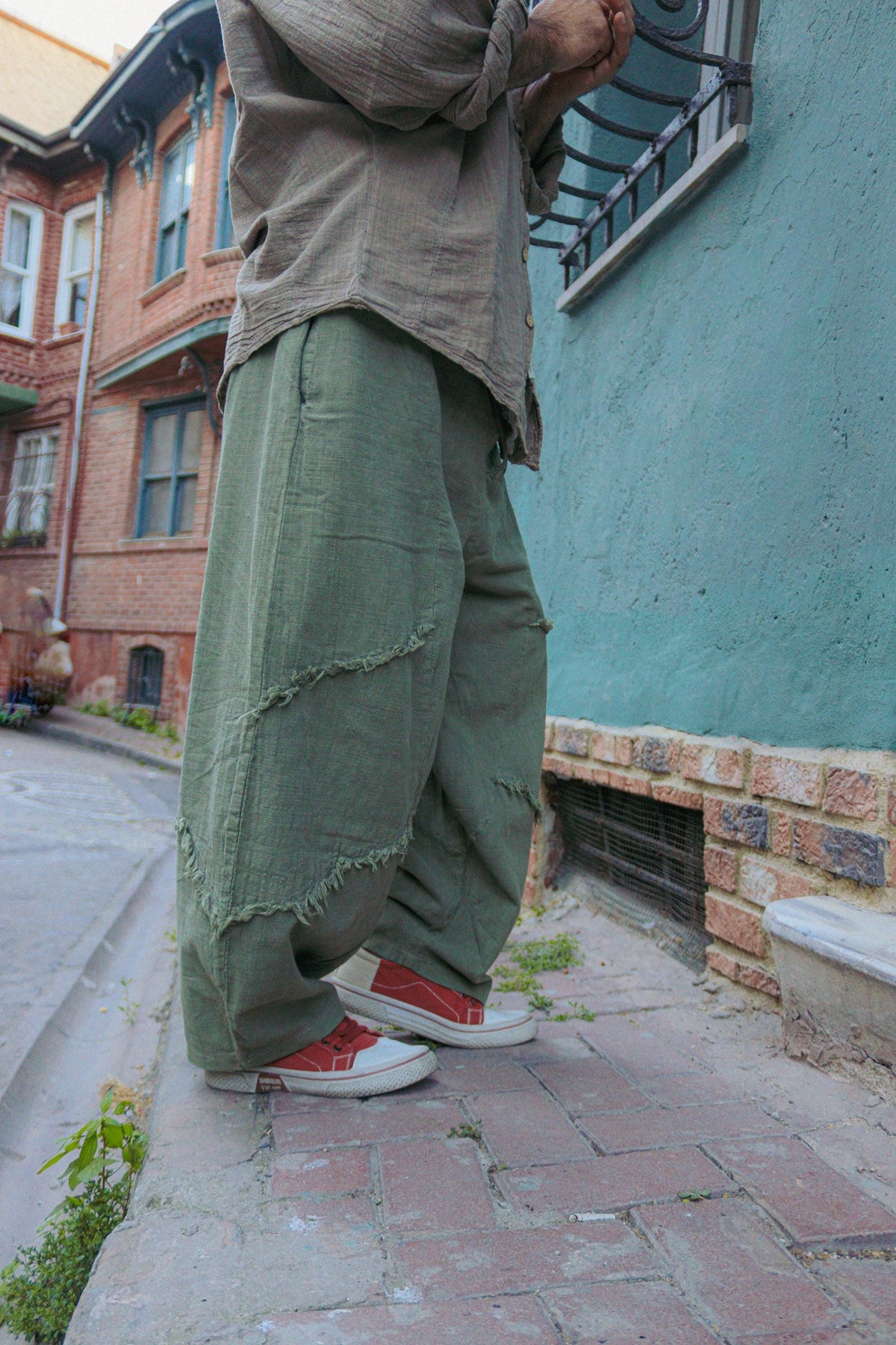 Unisex Keten Pamuklu Saçak Detaylı Bol Pantolon