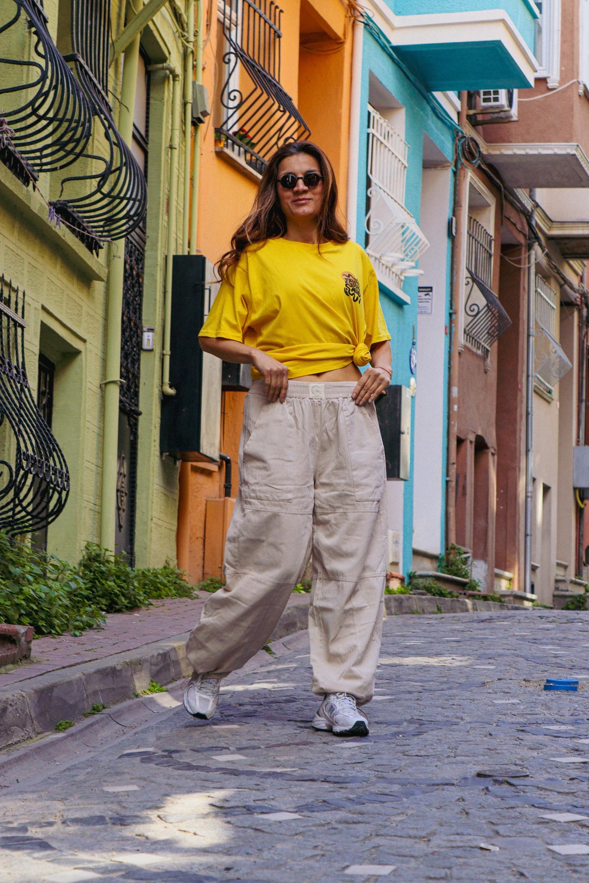 Unisex Krem Bağcıklı Geniş Paça Pantolon