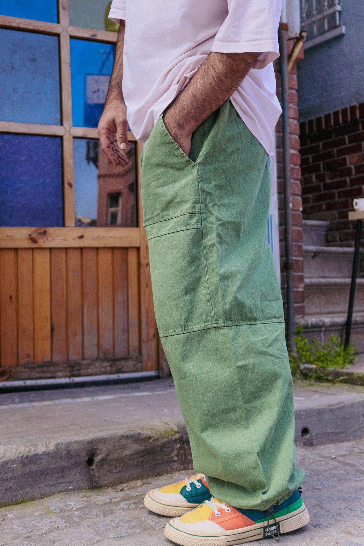 Unisex Yeşil Bağcıklı Geniş Paça Pantolon