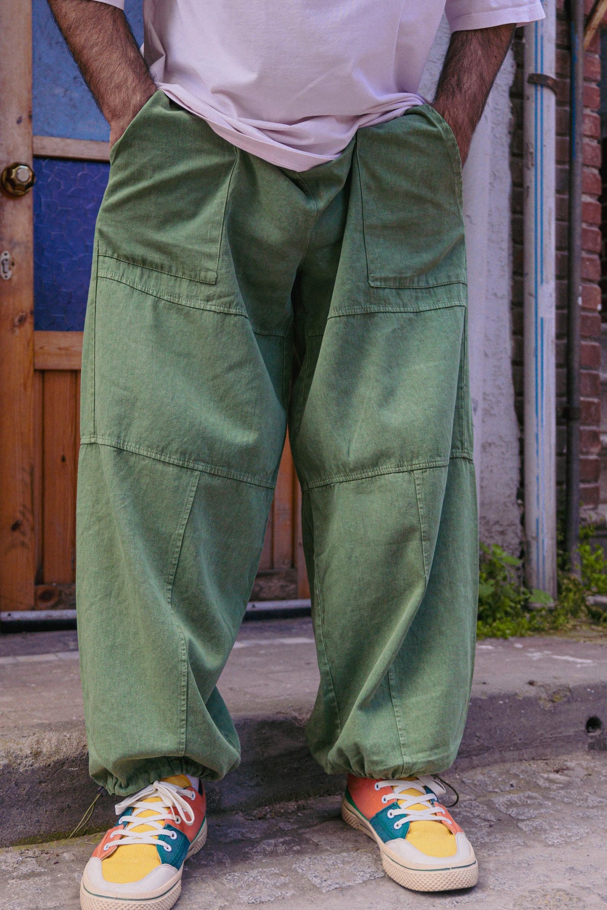 Unisex Yeşil Bağcıklı Geniş Paça Pantolon