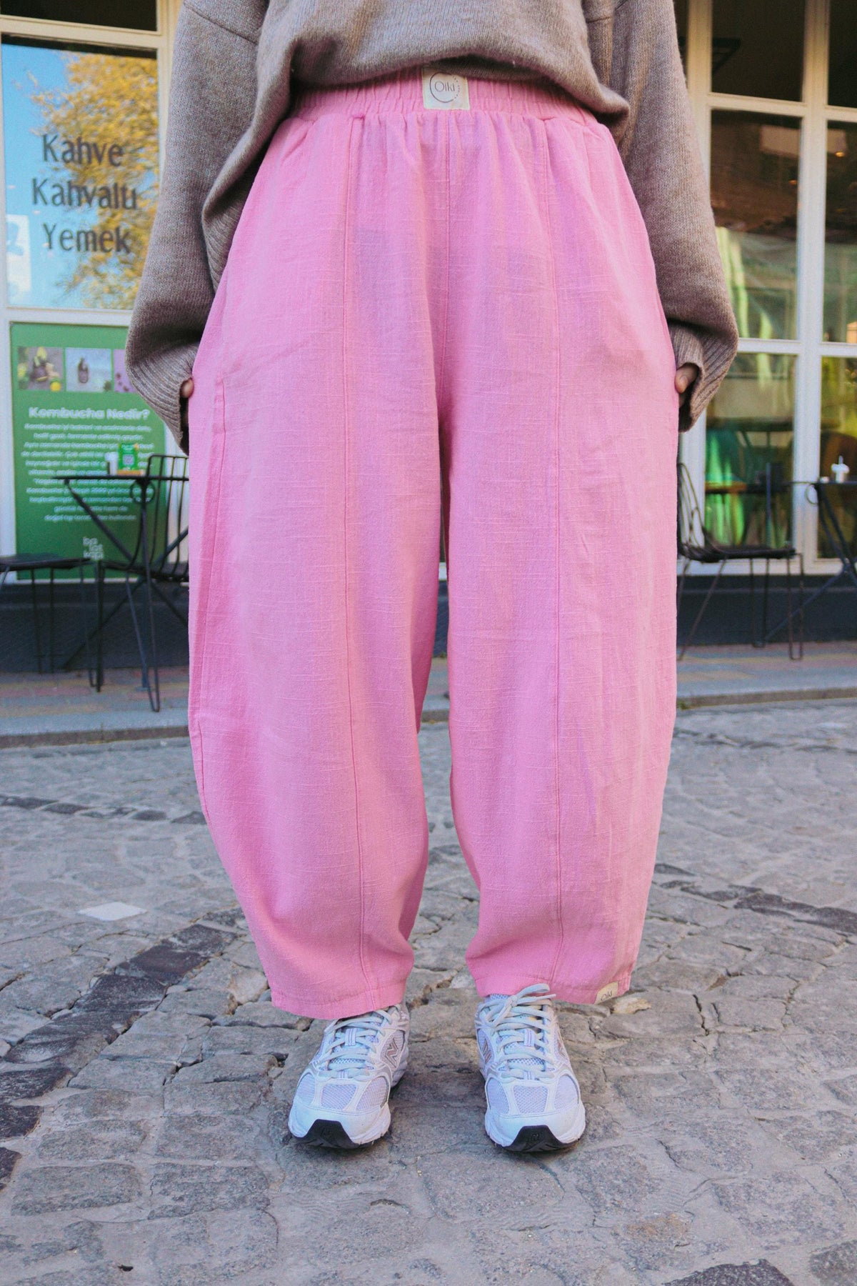 Pembe Keten Pamuklu Balon Pantolon