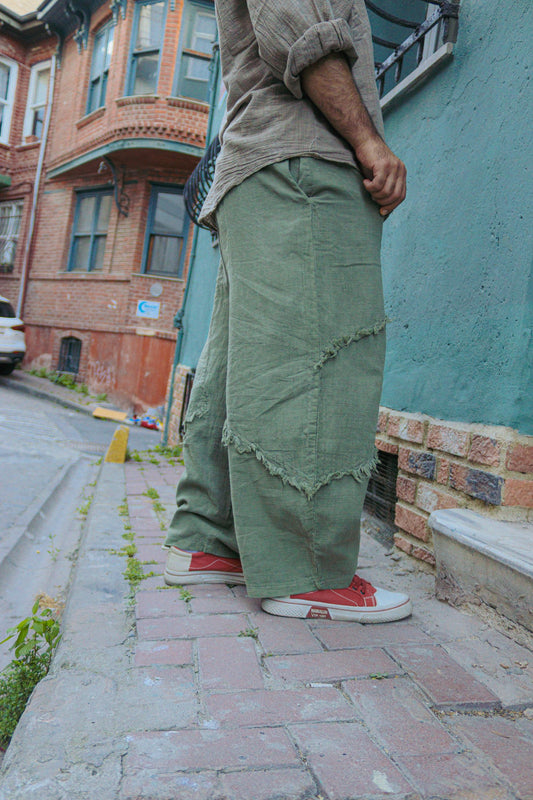 Unisex Keten Pamuklu Saçak Detaylı Bol Pantolon