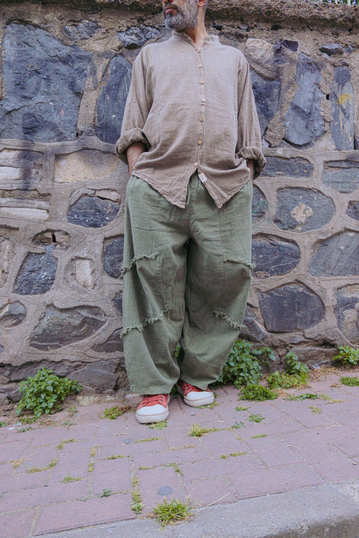 Unisex Keten Pamuklu Saçak Detaylı Bol Pantolon