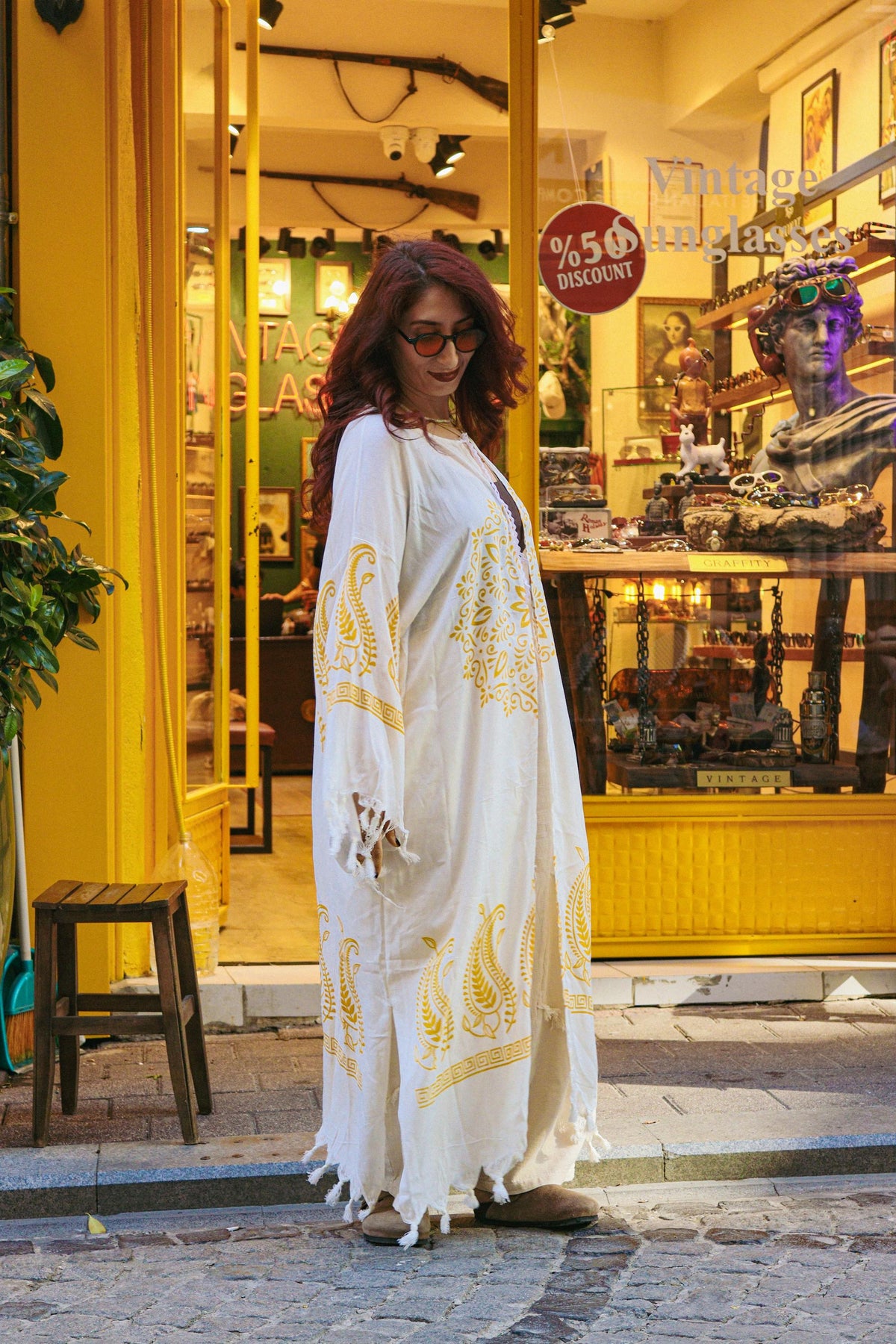 Bohem Keten Pamuklu Desenli Püsküllü Kimono