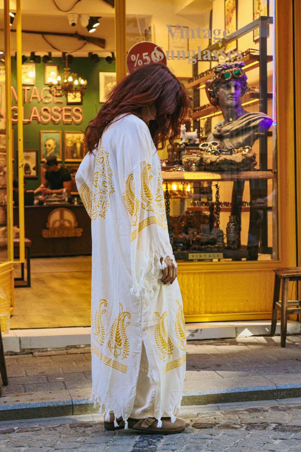 Bohem Keten Pamuklu Desenli Püsküllü Kimono