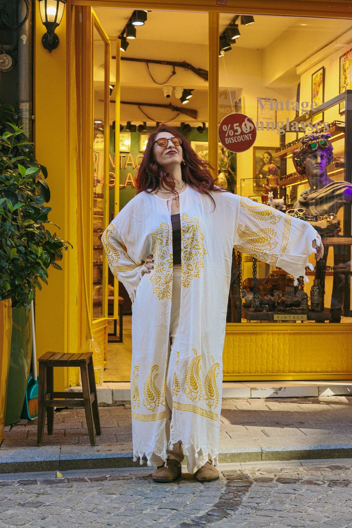 Bohem Keten Pamuklu Desenli Püsküllü Kimono