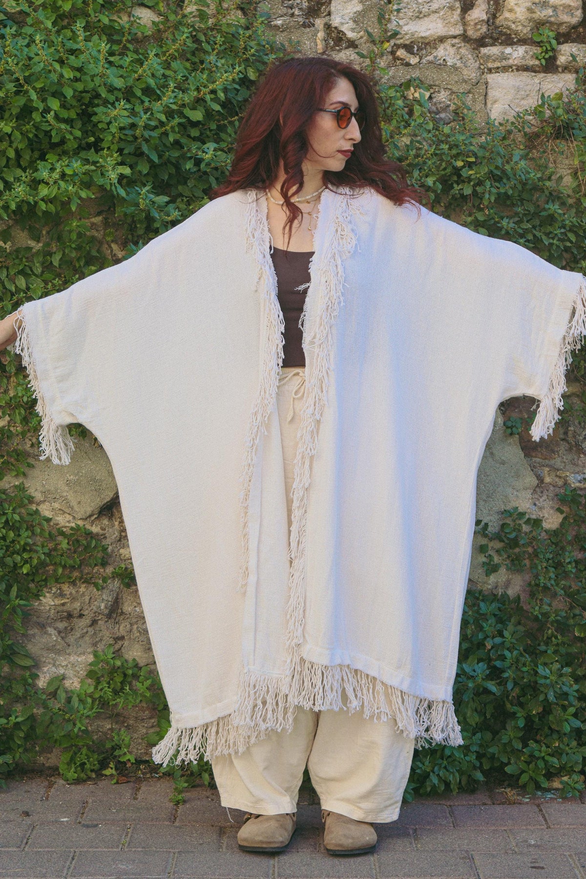 Krem Keten Pamuklu Püsküllü Kimono