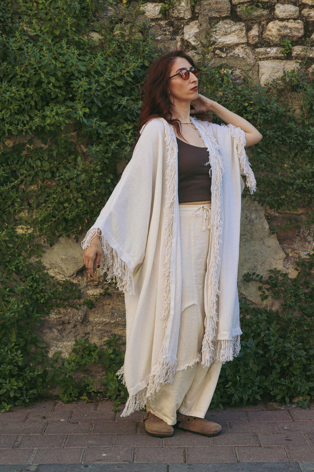 Krem Keten Pamuklu Püsküllü Kimono
