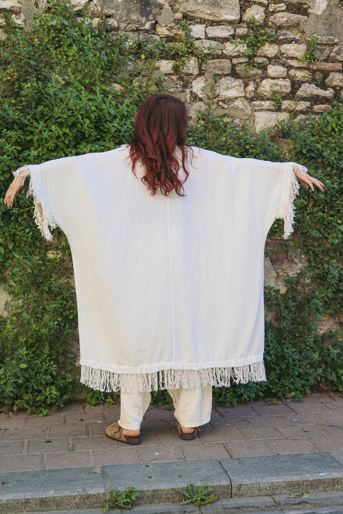 Krem Keten Pamuklu Püsküllü Kimono