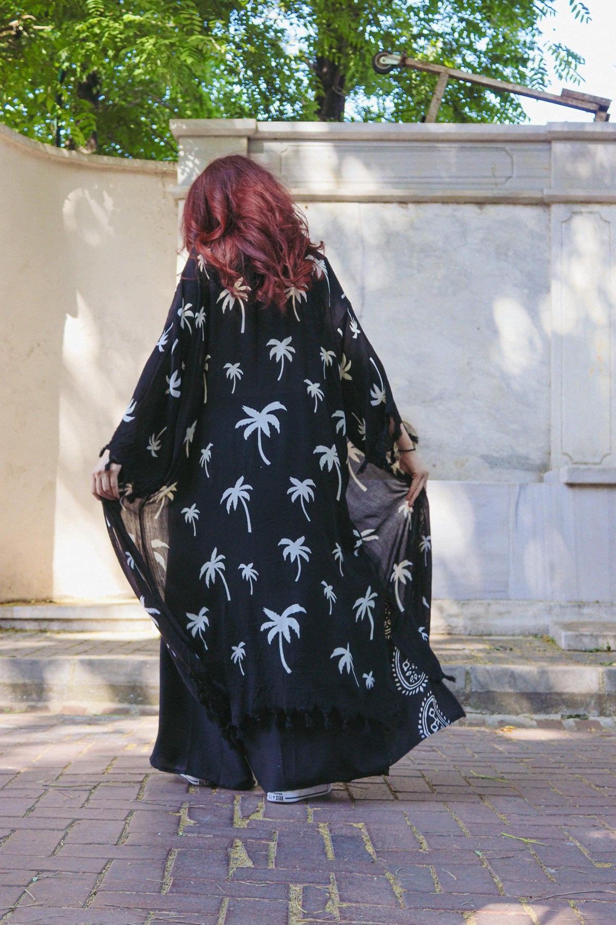 El Baskılı Palmiye Desenli Siyah Keten Pamuklu Kimono