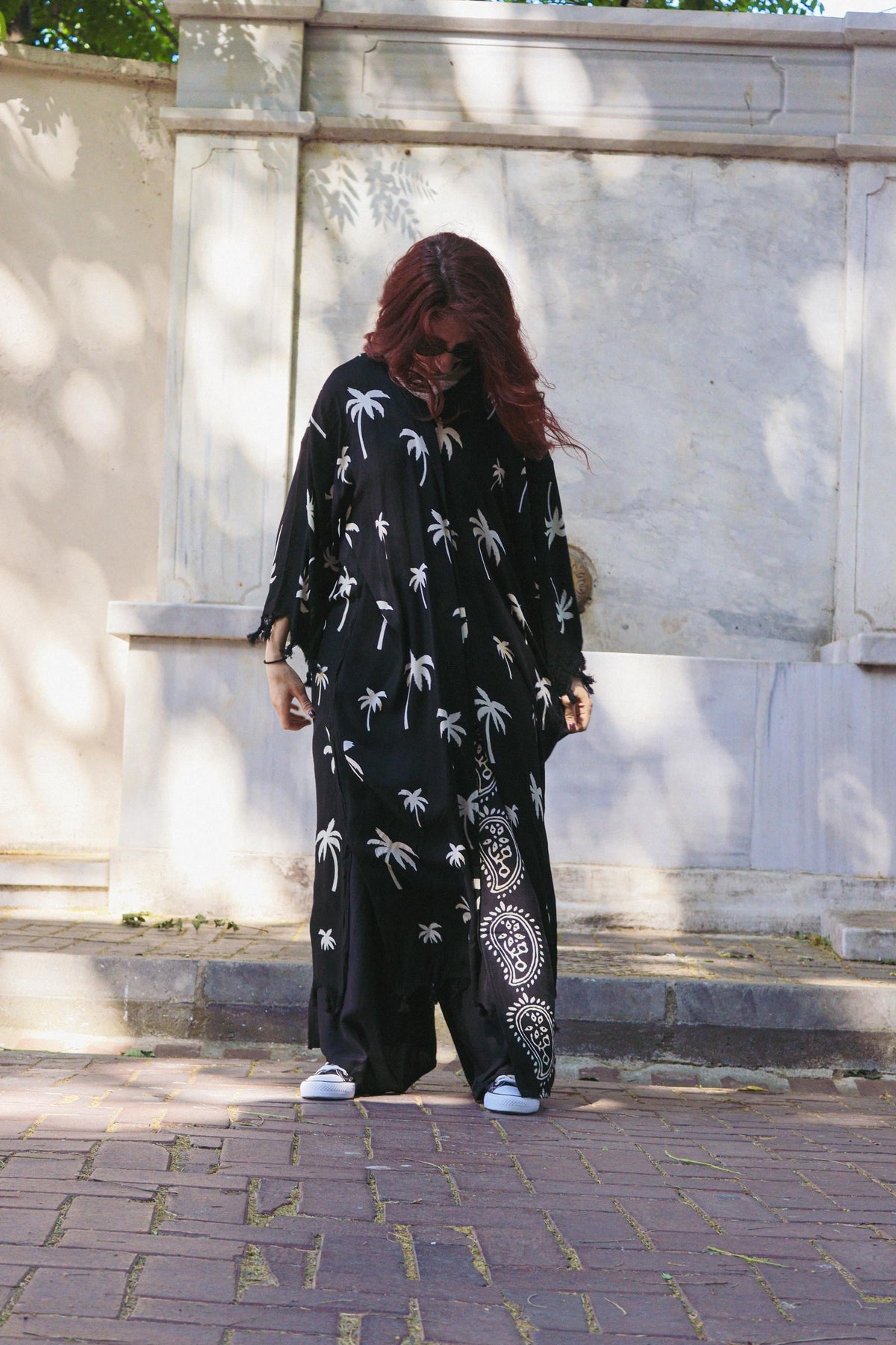 El Baskılı Palmiye Desenli Siyah Keten Pamuklu Kimono