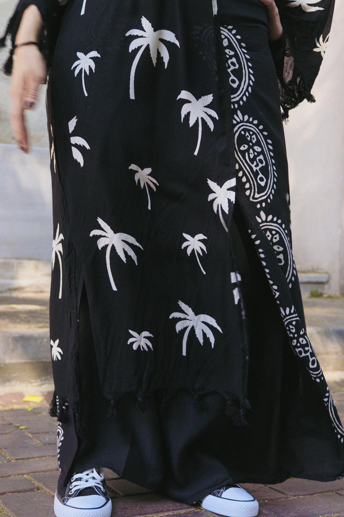 El Baskılı Palmiye Desenli Siyah Keten Pamuklu Kimono