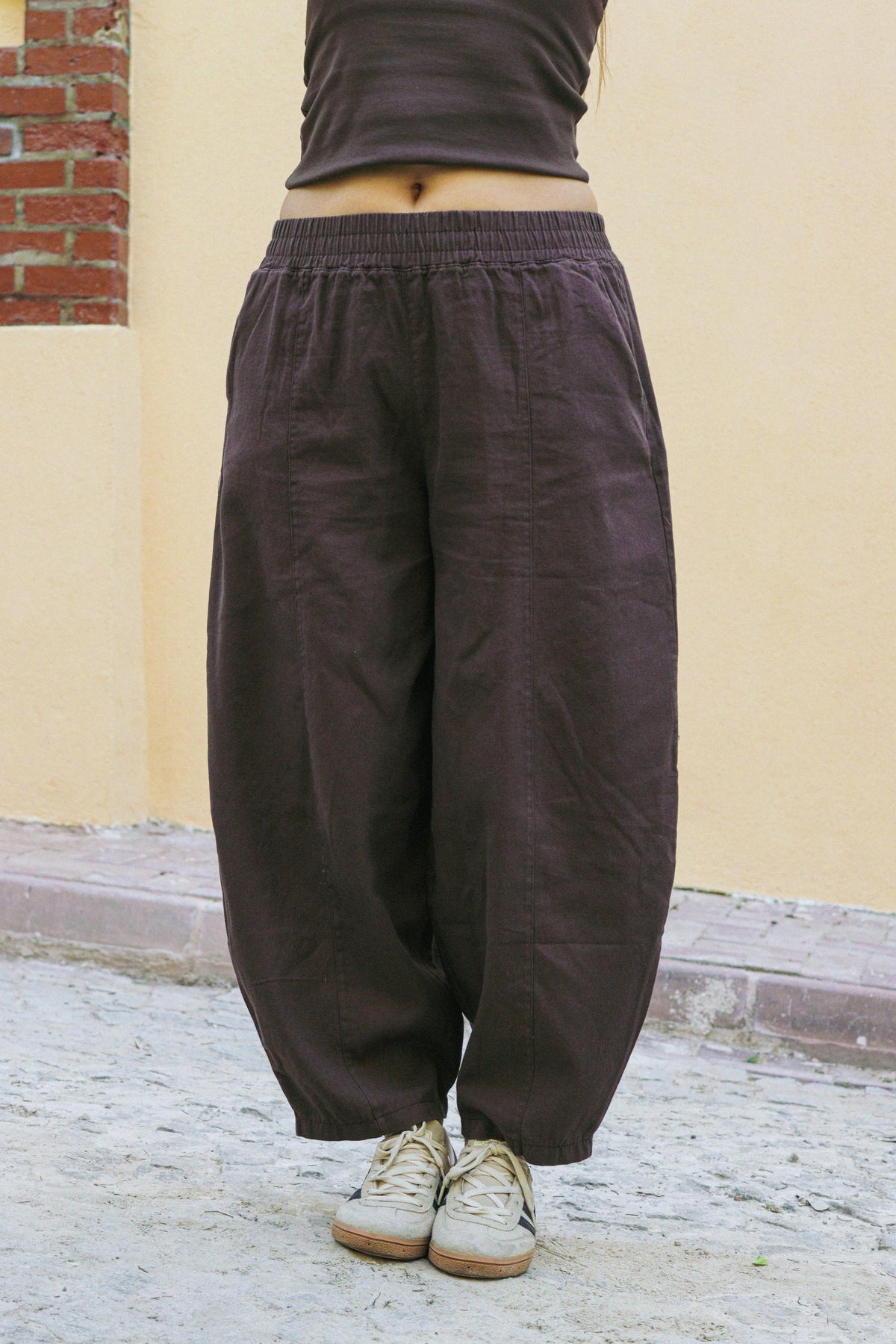 Kahverengi Pamuklu Gabardin Balon Pantolon