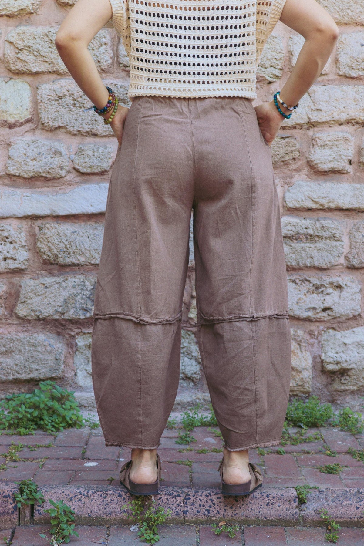 Kahverengi Pamuklu Gabardin Püsküllü Balon Pantolon