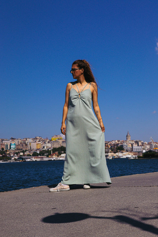 Pastel Yeşil Pamuklu Bohem Yaz Elbisesi
