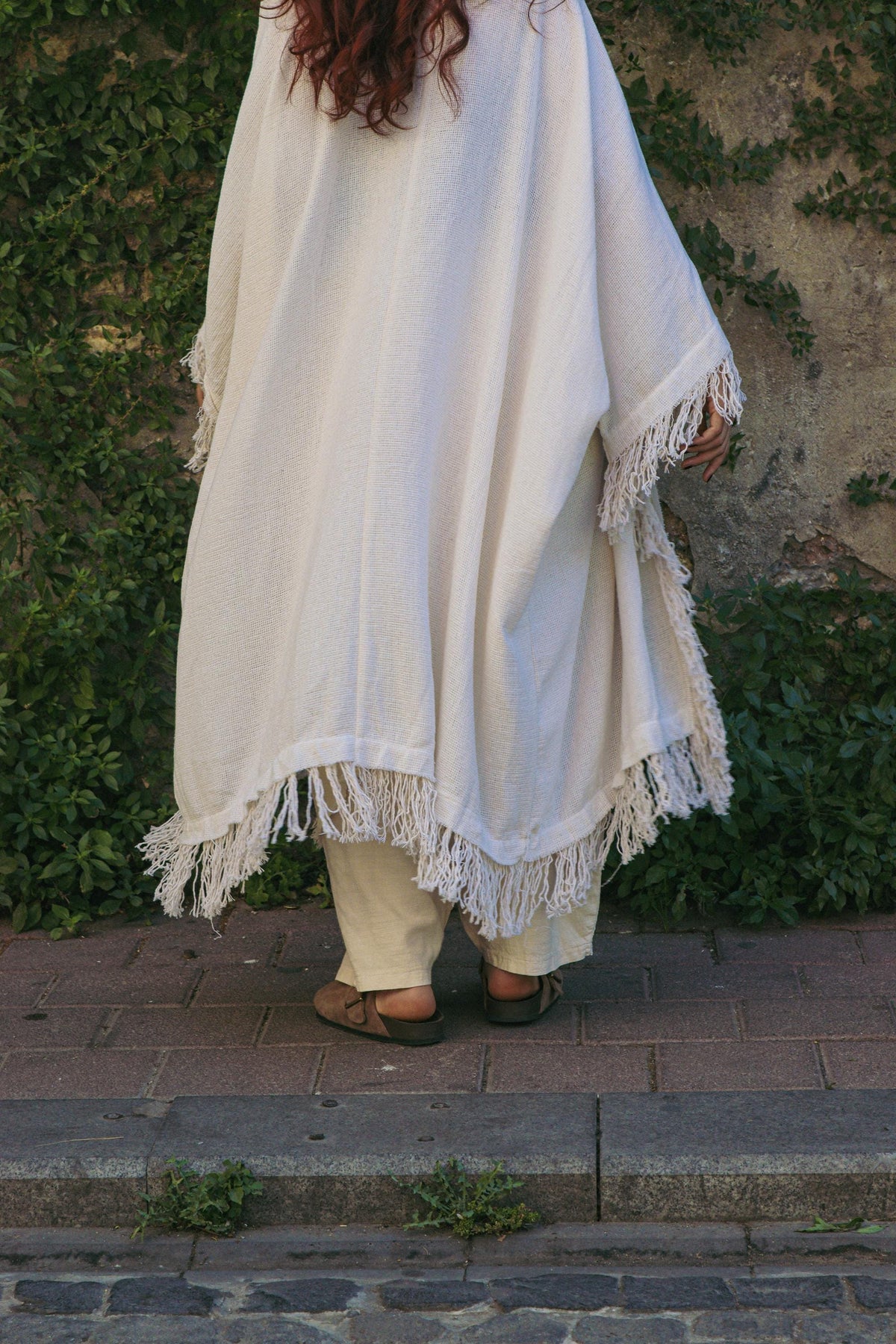 Krem Keten Pamuklu Püsküllü Kimono