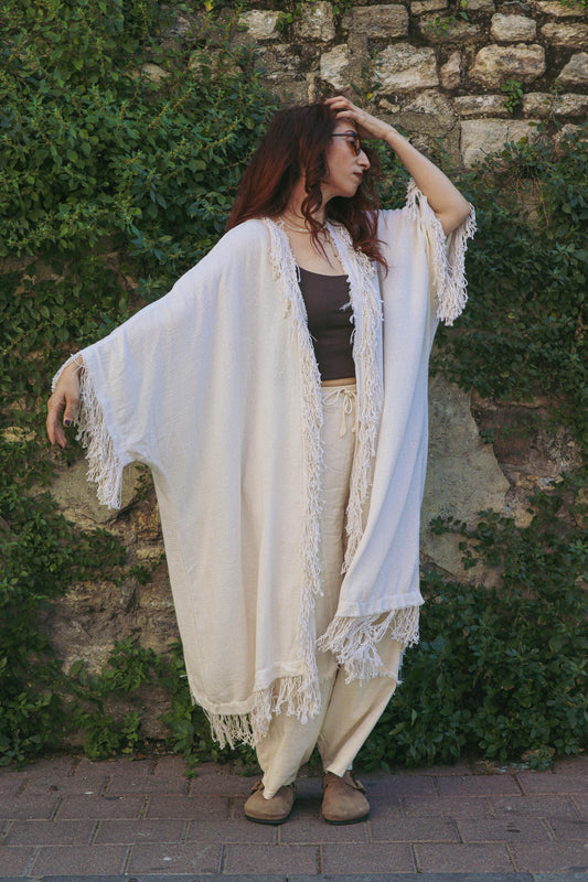 Krem Keten Pamuklu Püsküllü Kimono