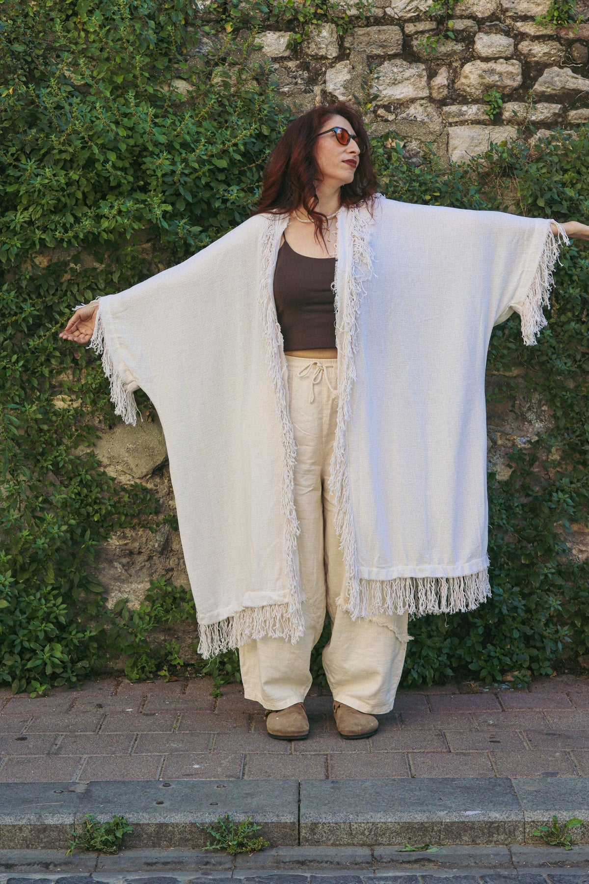 Krem Keten Pamuklu Püsküllü Kimono