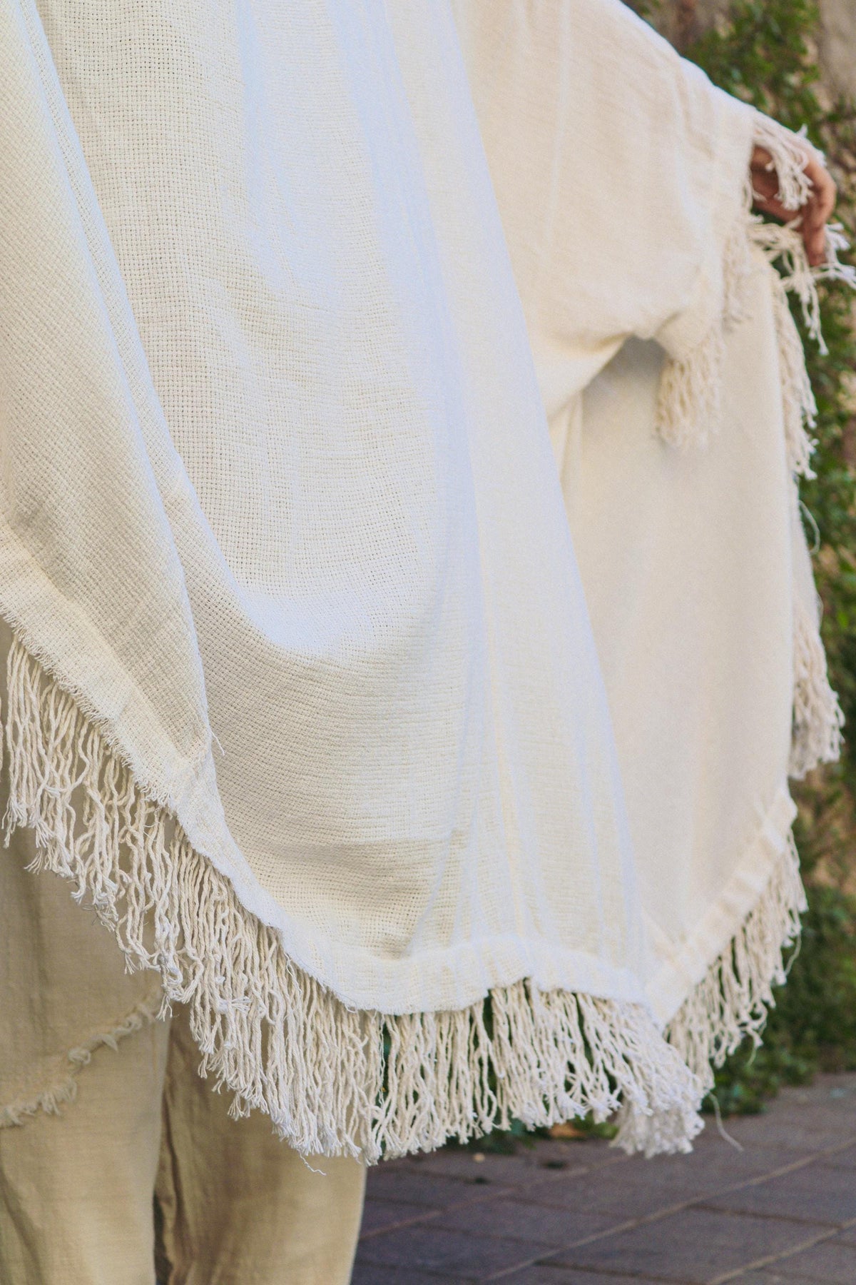 Krem Keten Pamuklu Püsküllü Kimono