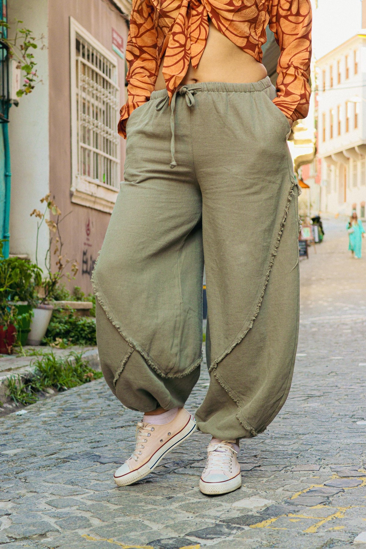 Haki Yeşil Keten Pamuklu Püsküllü Balon Pantolon