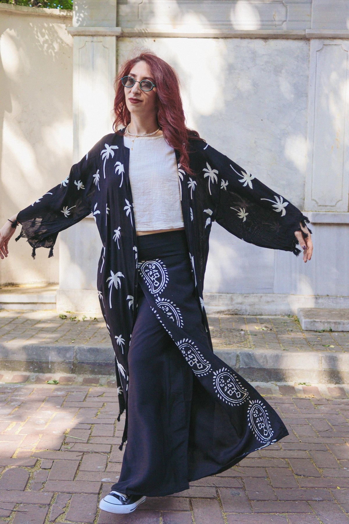 El Baskılı Palmiye Desenli Siyah Keten Pamuklu Kimono