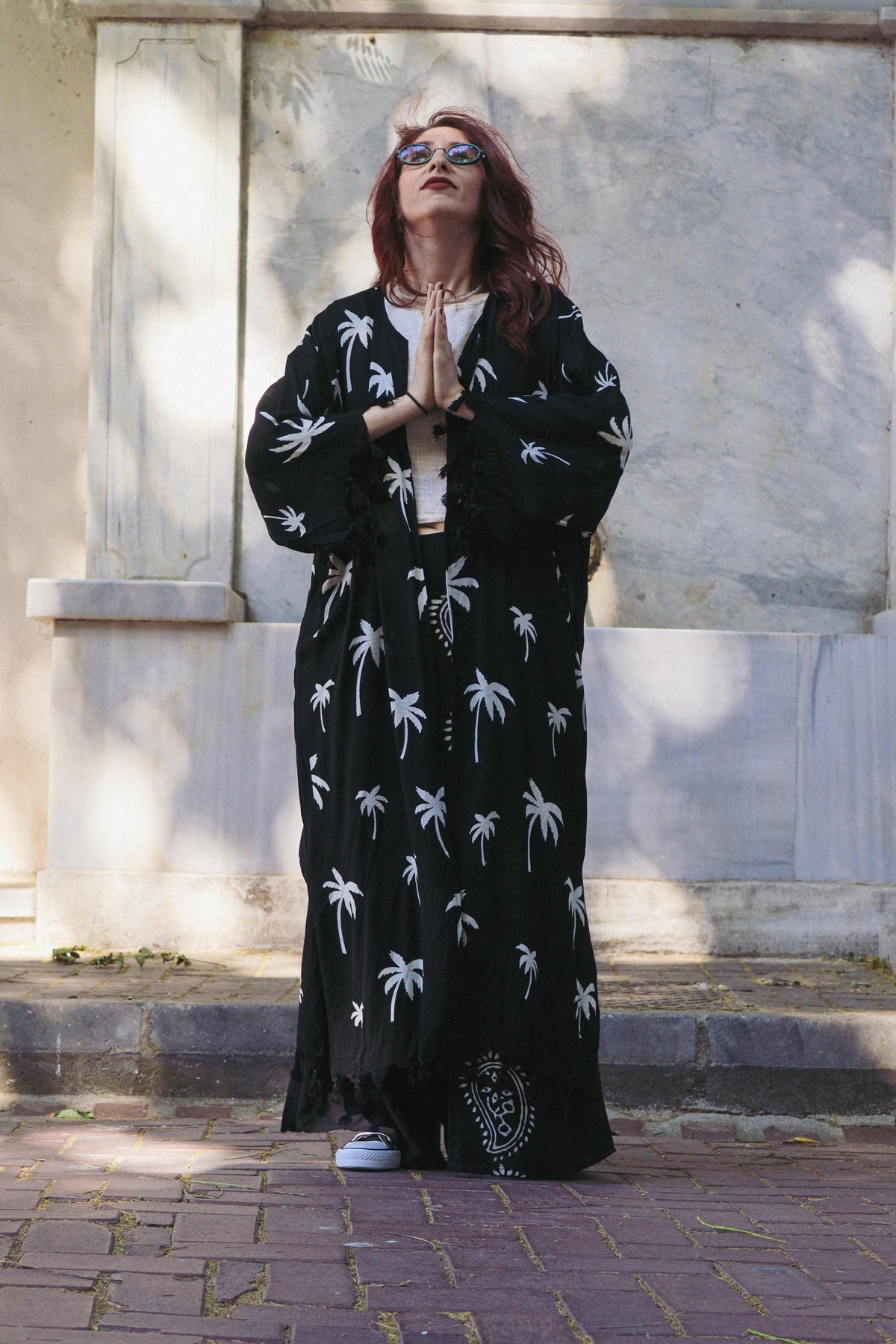 El Baskılı Palmiye Desenli Siyah Keten Pamuklu Kimono
