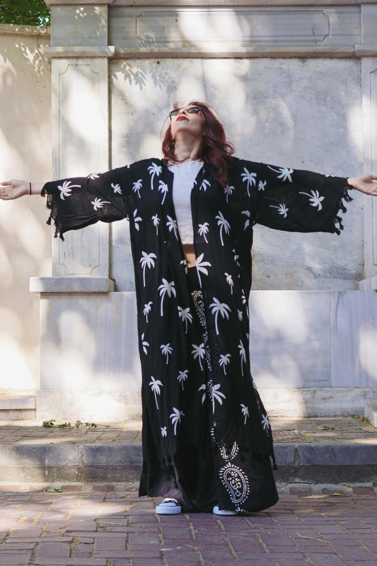 El Baskılı Palmiye Desenli Siyah Keten Pamuklu Kimono
