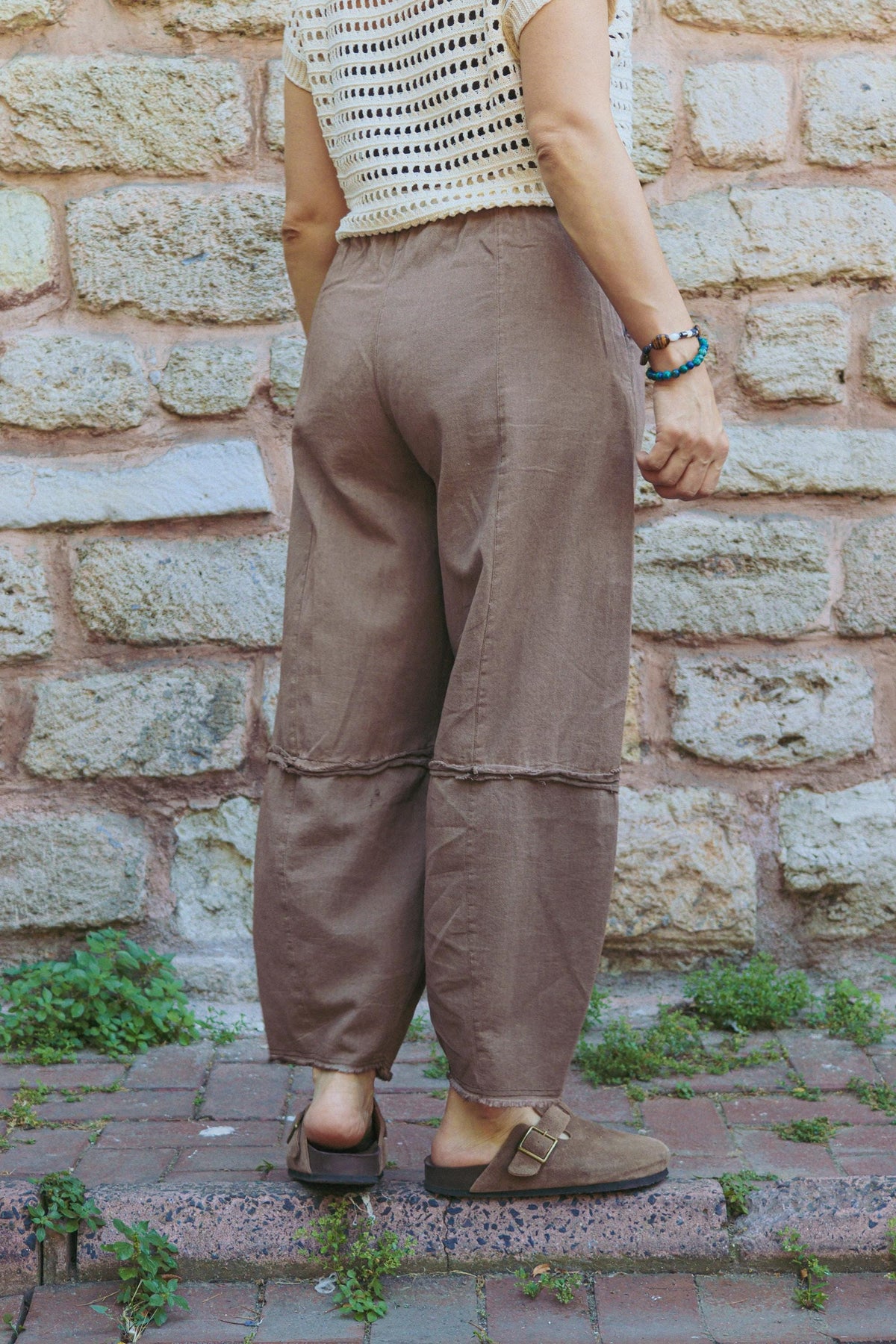 Kahverengi Pamuklu Gabardin Püsküllü Balon Pantolon