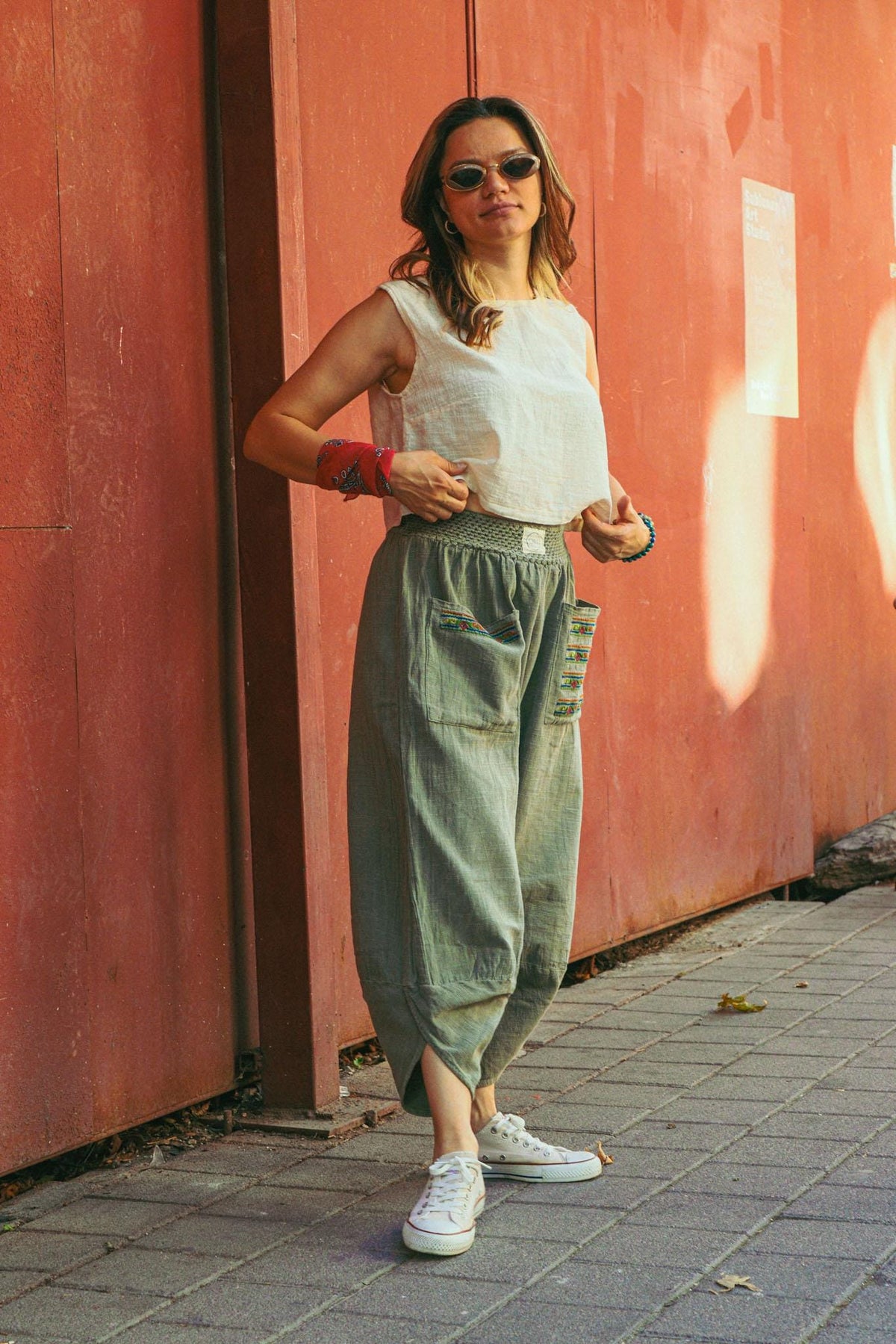 Retro Nakışlı Cepli Bol Pantolon