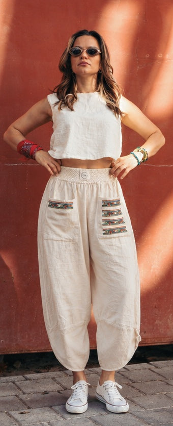 Krem Etnik Desen V Paça Baggy Pantolon