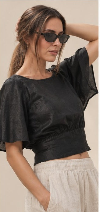 Siyah V Yaka Bağlamalı Kısa Kollu Crop
