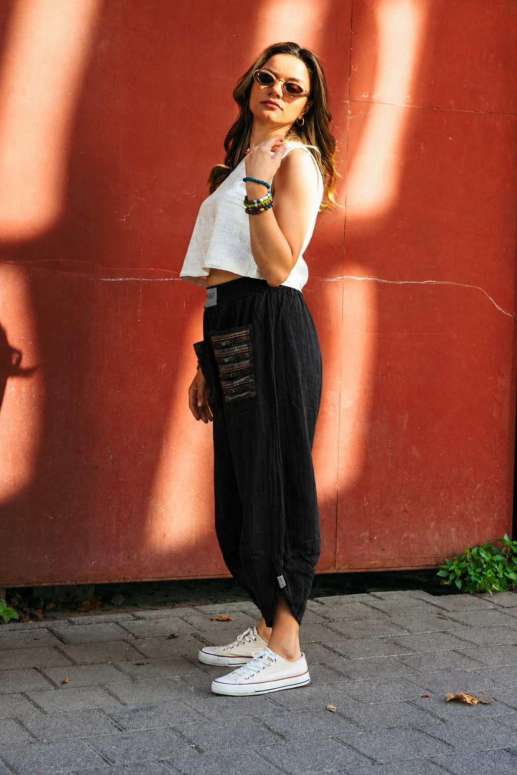 Siyah Etnik Desen V Paça Baggy Pantolon